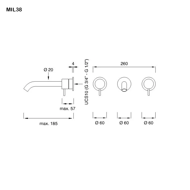 cea MIL 38 Wand-Waschtisch-Zweigriffmischer, Ausladung:185mm, edelstahl satiniert-MIL38S