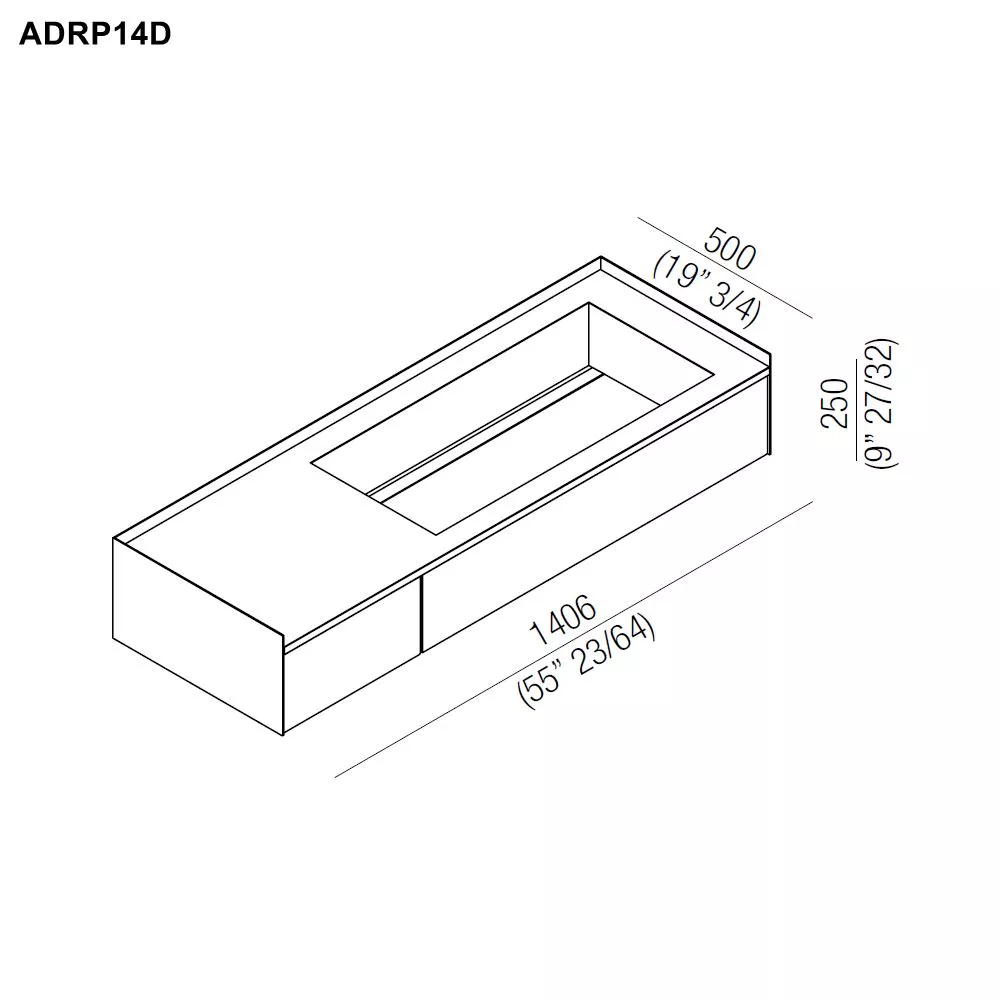 Agape DR Waschtisch zur Wandmontage mit Top und integriertem Waschbecken, Breite: 140,6cm, Tiefe: 50cm, Höhe: 25cm, Waschbecken rechts, Schublade links, Struktur und Front aus Messing brüniert gebürstet, Top aus Naturstein emperador dark - ADRP14DBREDRUBR
