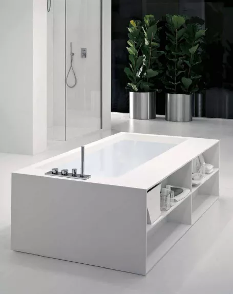 antoniolupi BIBLIO Badewanne mit Frontablagefächern und seitlichem Armaturenrand, 180x90x53,5cm, Version links, 2 Seiten verkleidet, weiß matt, Ablaufgarnitur weiß matt-BIBLIO622L_SX