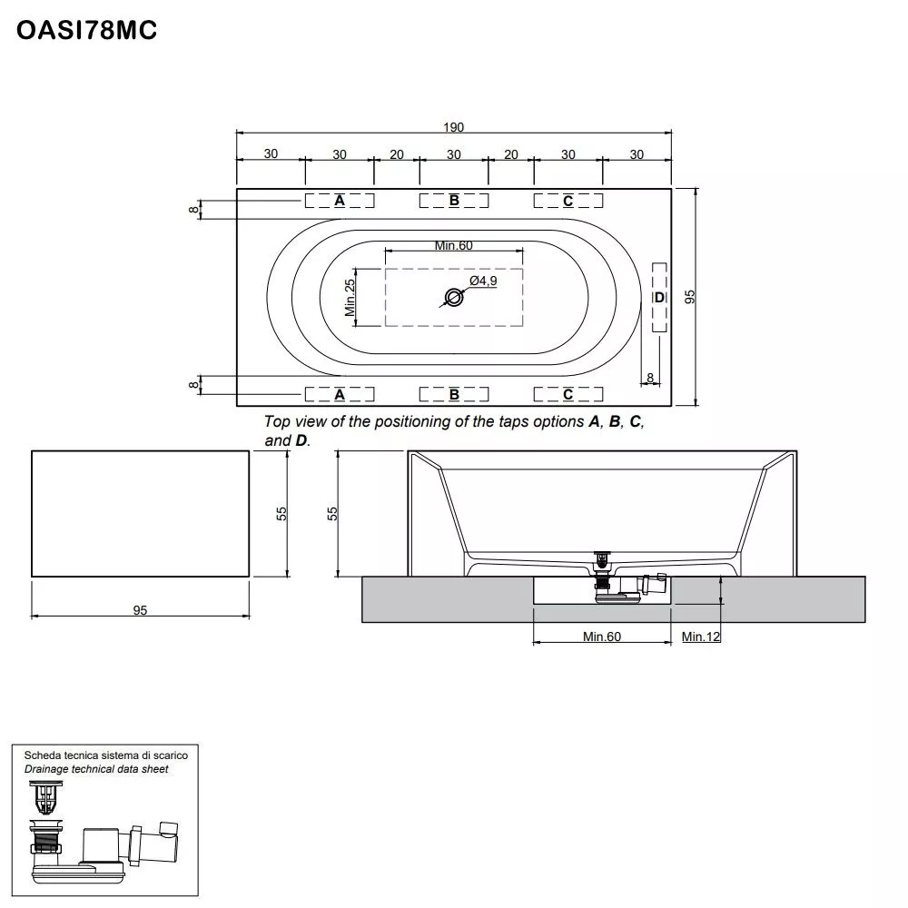 antoniolupi OASI rechteckige freistehende Badewanne aus Cristalplant®, Breite: 190cm, Tiefe: 95cm, weiß matt-OASI78MC