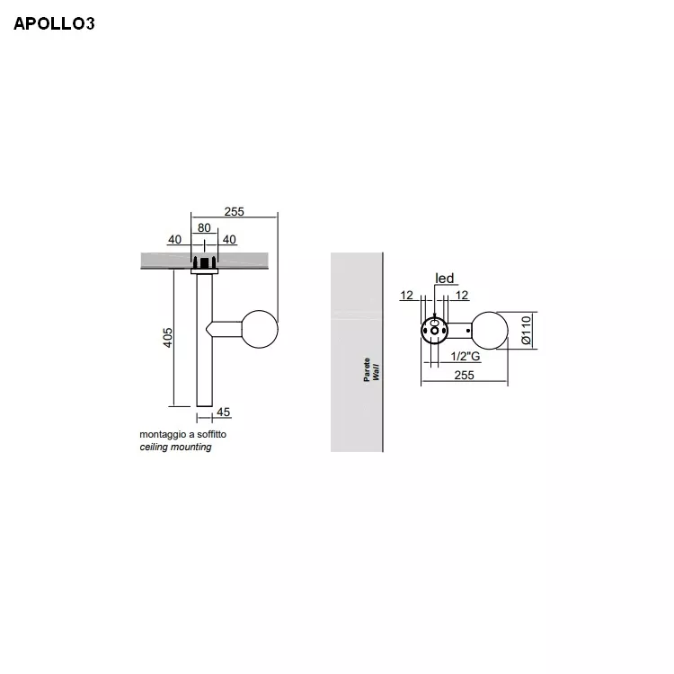 antoniolupi APOLLO Decken-Kopfbrause mit LED-Beleuchtung, schwarz matt-APOLLO3