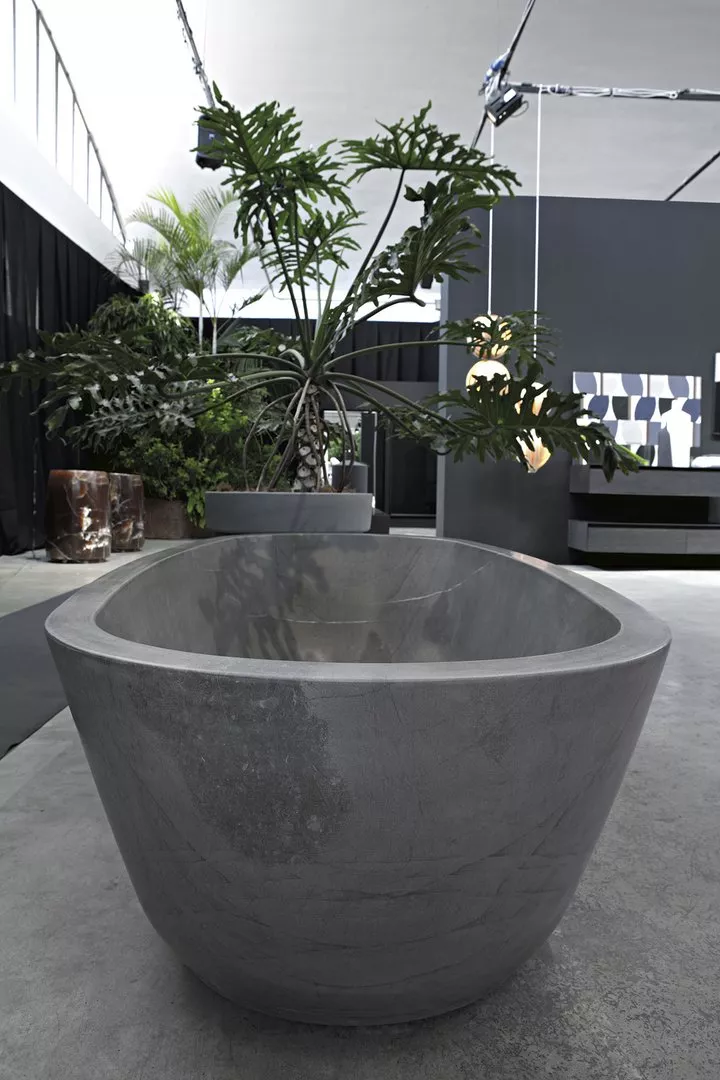 antoniolupi BAÌA Badewanne aus Naturstein, 185x90x50cm, grigio imperiale, Ablaufgarnitur chrom-BAIAGILU