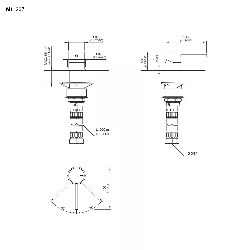 cea MIL 207 Tisch-Eingriffmischer mit langem Hebel, edelstahl satiniert-MIL207S
