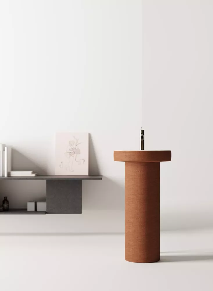 Agape CENOTE freistehendes Waschbecken aus Ton mit flachem Becken und Bodenablauf, Durchmesser: 45cm, inklusive Ablaufgarnitur, dunkler Ton, weitere Farben und als Wandablauf-Version auf Anfrage möglich - ACER0451FTSST