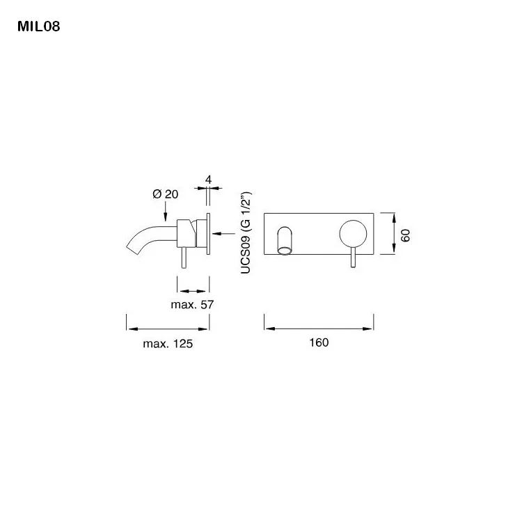 cea MIL 08 Wand-Waschtisch-Eingriffmischer, Ausladung:125mm, edelstahl satiniert-MIL08S