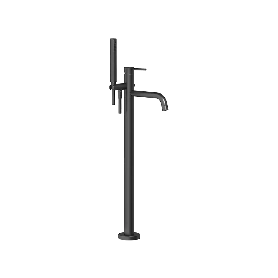 Gessi VIA TORTONA Fertigmontageset für freistehenden Wannenmischer mit Auslauf, Ausladung: 240mm, mit automatischem 2-Wege-Umsteller zum Ziehen, Schlauch 1,50m, Brausehalter und Antikalk-Handbrause, schwarz matt - 24943299