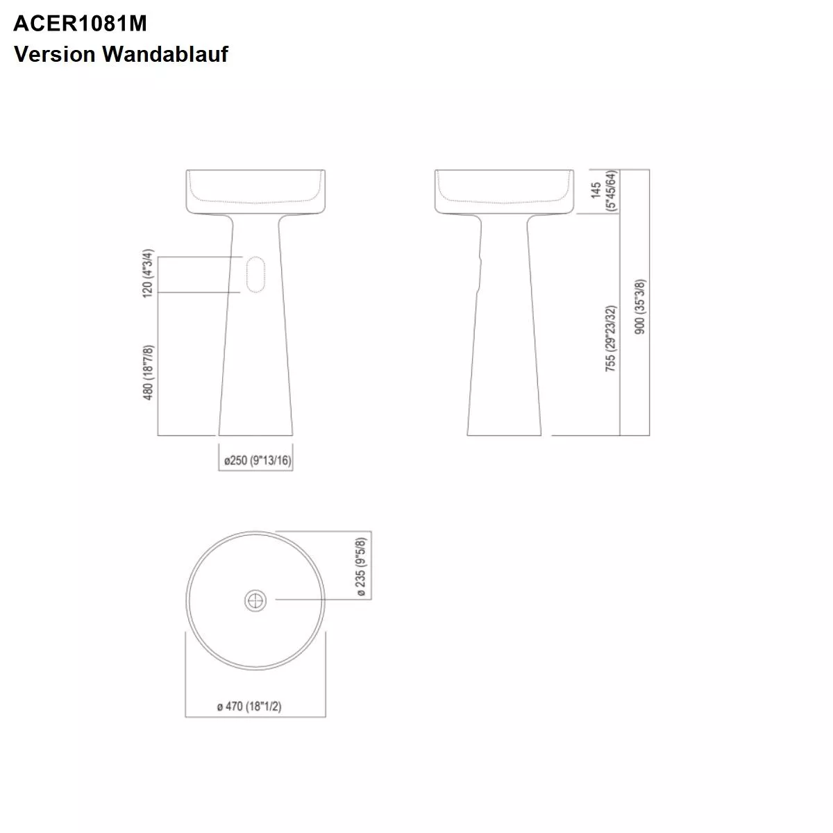 Agape BJHON 1 freistehendes Waschbecken aus Zement für Wandablauf, Durchmesser: 47cm, Höhe: 75,5cm, inklusive Ablaufgarnitur, ziegelrot - ACER1081M730