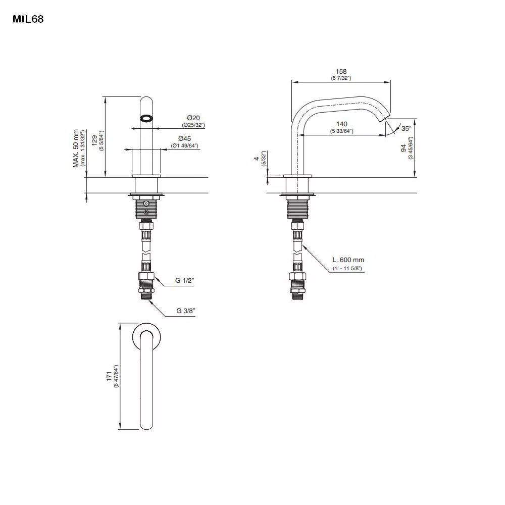 cea MIL 68 schwenkbarer Standauslauf, H:130mm, edelstahl satiniert-MIL68S