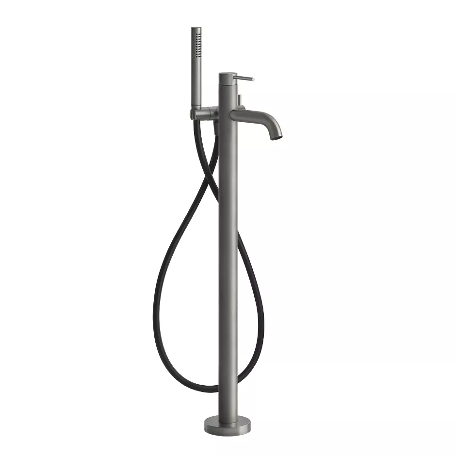 Gessi 316 freistehender Wannenmischer mit Auslauf, schwarzem Schlauch mit 1,50m Länge, Brausehalter, Antikalk-Handbrause und 2-Wege Umsteller, edelstahl matt gebürstet - 54028239