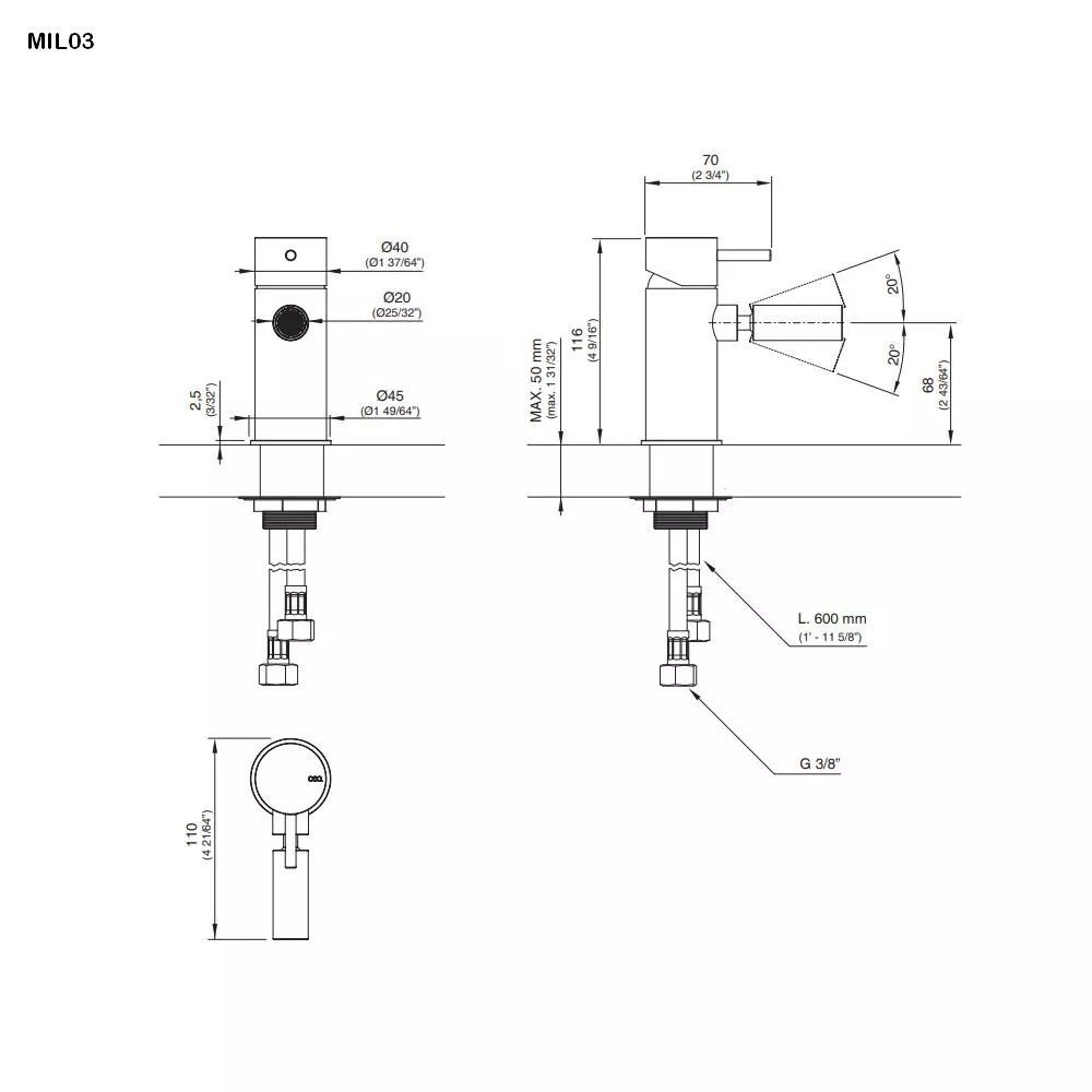 cea MIL 03 Bidet-Eingriffmischer, H:115mm, edelstahl satiniert-MIL03S
