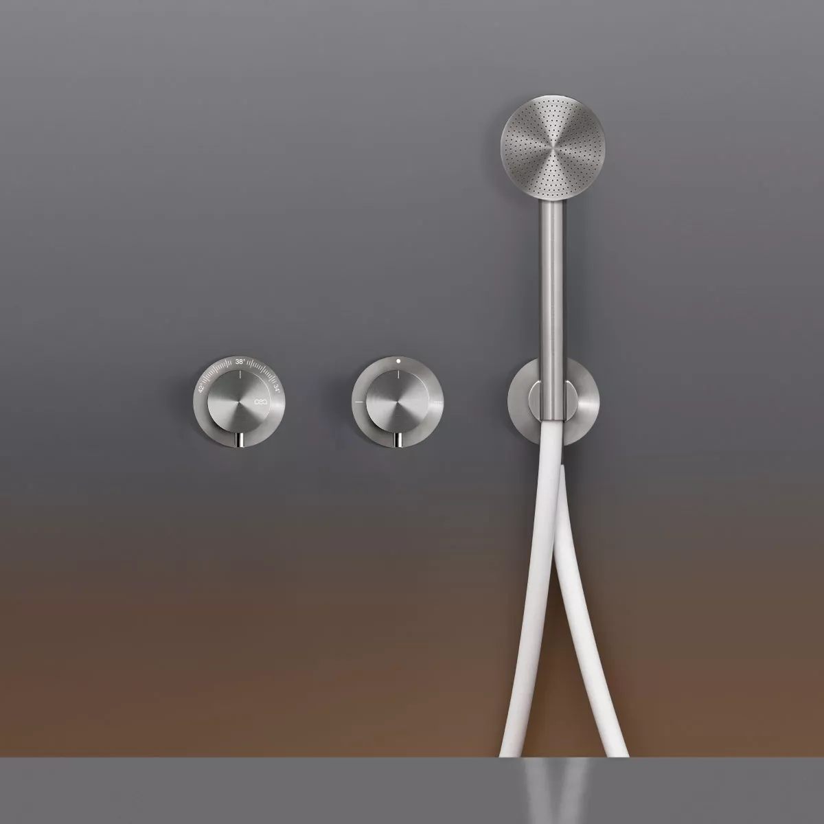 cea MIL 115Y Wand-Brause-Thermostat mit 2-Wege-Umstellung und Rundkopf-Handbrause D:65mm, edelstahl satiniert, Schlauch weiß-MIL115YWS