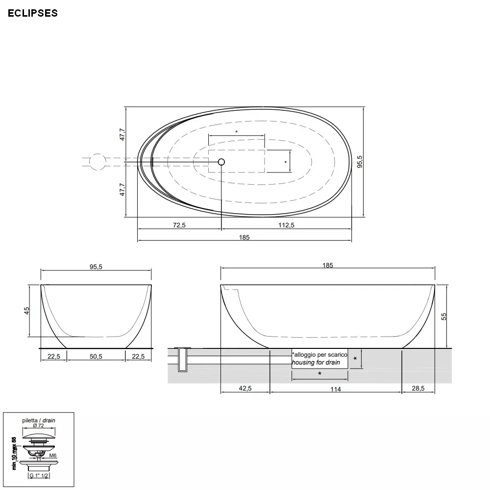antoniolupi ECLIPSE freistehende Badewanne aus Naturstein, 185x95,5x53cm, bianco carrara-ECLIPSE_CARRARA