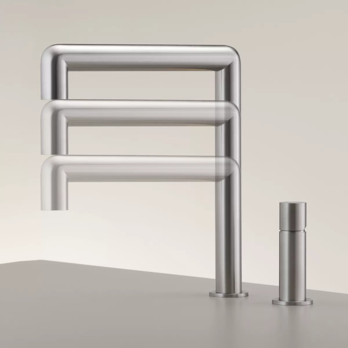 ceadesign CARTESIO Zweiloch-Mischer mit schwenkbarem und höhenverstellbarem Auslauf, Ausladung: 225mm, edelstahl satiniert-CAR33S