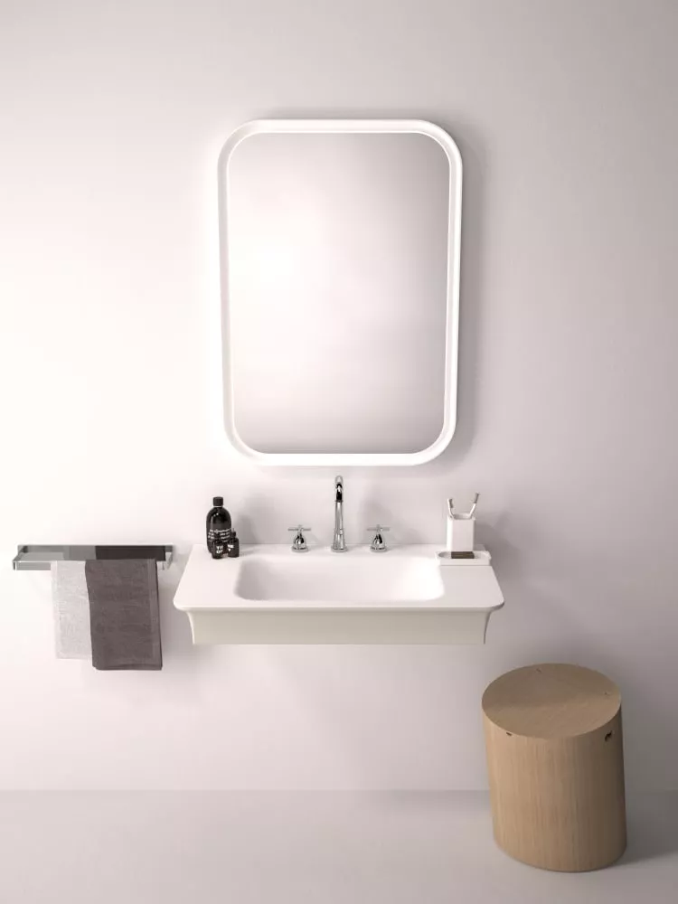 Agape NOVECENTO XL Wandbecken aus Ceramilux®, Breite: 90cm, Tiefe: 55cm, Höhe: 13cm, mit 3 Hahnlöchern, Farbe innen weiß matt, Farbe außen hellgrau - ACER10703RBL