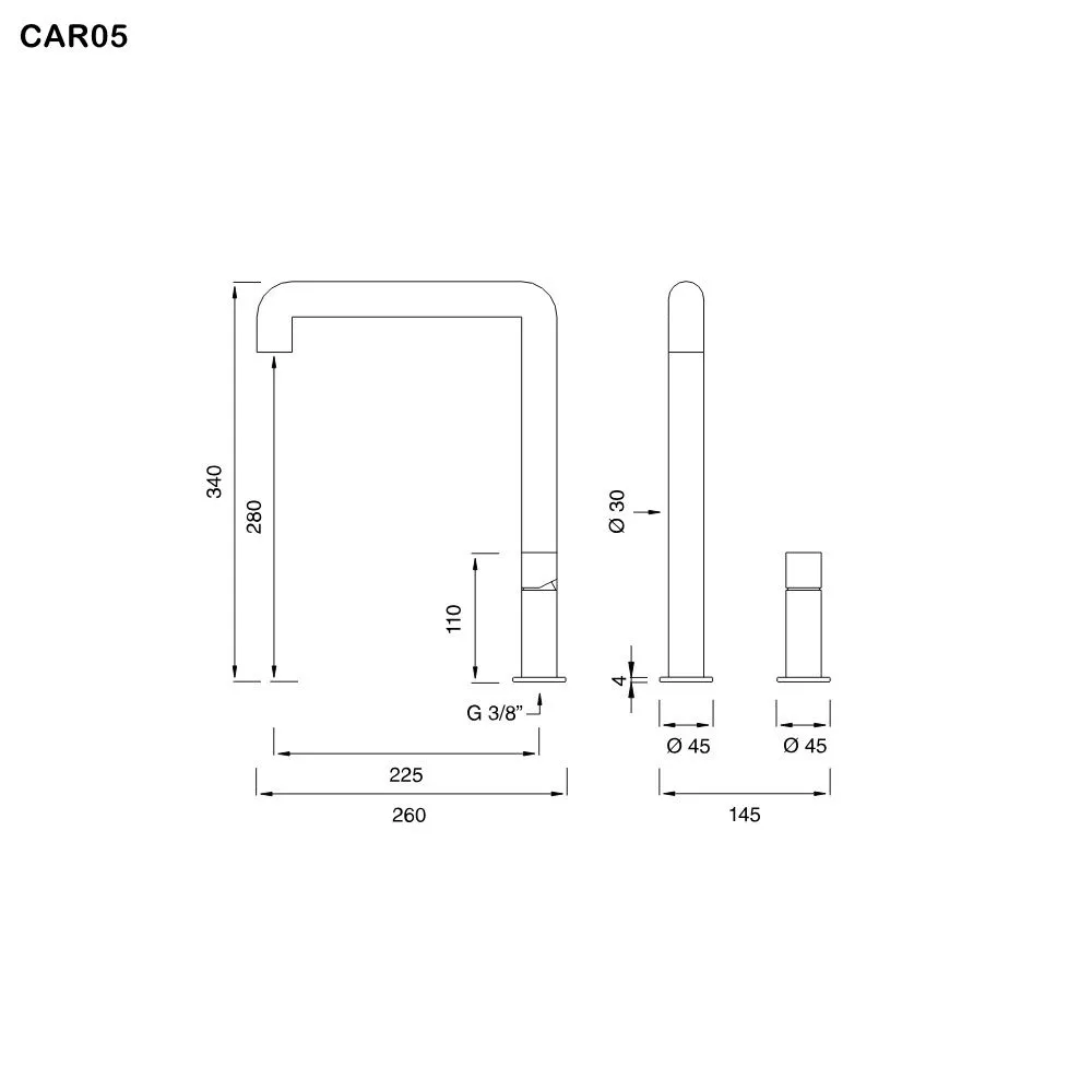 ceadesign CARTESIO Zweiloch-Mischer mit schwenkbarem Auslauf, Ausladung: 225mm, edelstahl satiniert-CAR05S