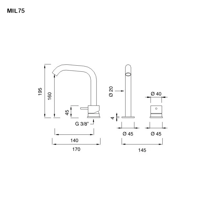 cea MIL 75 Zweiloch-Eingriffmischer mit Schwenkauslauf , H:195mm, edelstahl satiniert-MIL75S