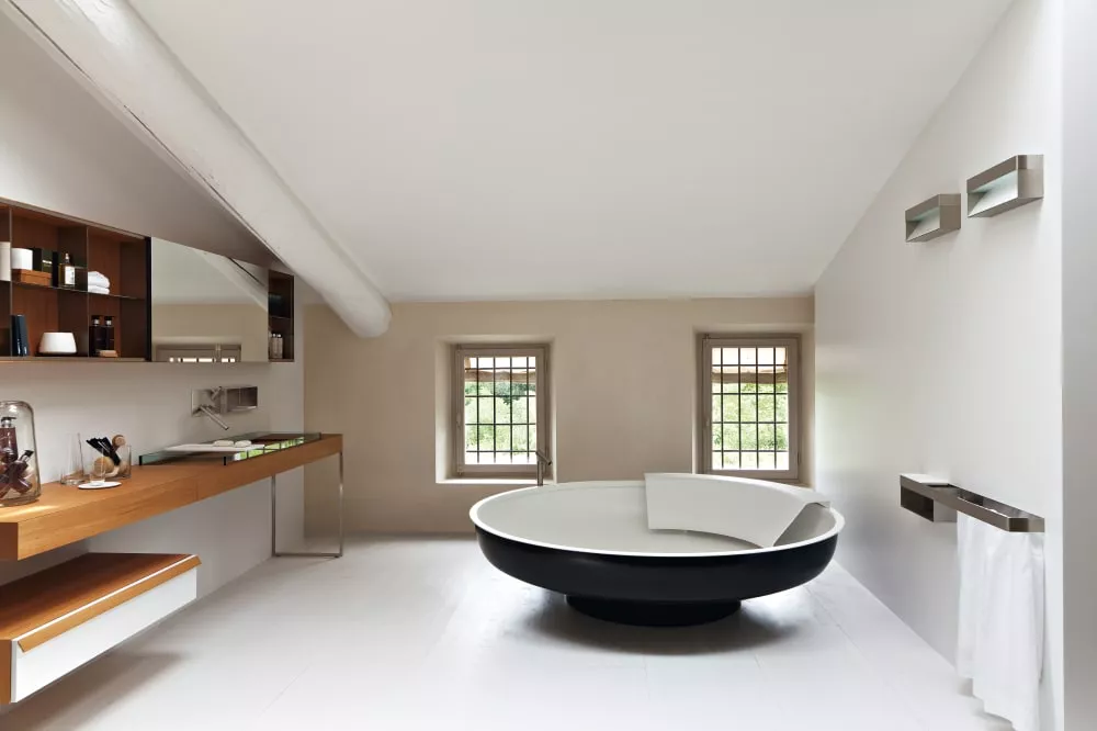 Agape UFO freistehende Badewanne aus Edelstahl, Durchmesser: 204cm, Höhe: 50cm, mit 1 Rückenlehne aus weißem Cristalplant®, Wanneninnenraum weiß matt, außen dunkelgrau - AVAS0906ZG Agape UFO freistehende Badewanne aus Edelstahl, Durchmesser: 204cm, Höhe: 50cm, mit 1 Rückenlehne aus weißem Cristalplant®, Wanneninnenraum weiß matt, außen dunkelgrau - AVAS0906ZG