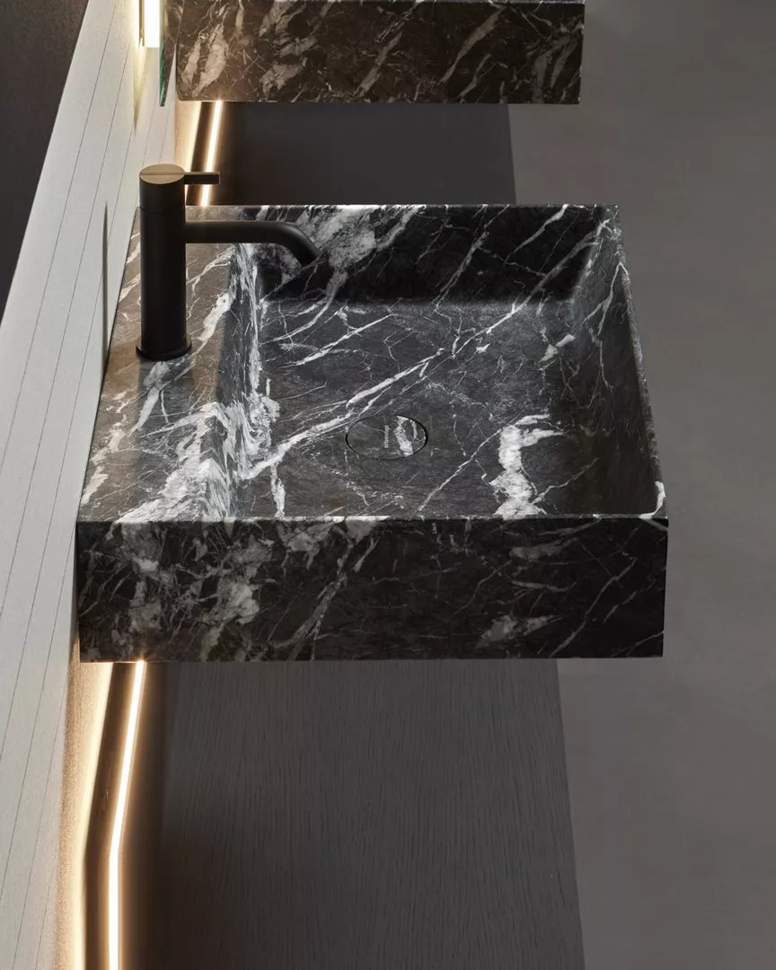 antoniolupi GESTO Wandbecken aus Naturstein, Breite: 54cm, Höhe: 13,2cm, Tiefe: 47cm, mit Hahnloch, grigio lavico-GESTO154-GRIGIOLAVICO-1-0