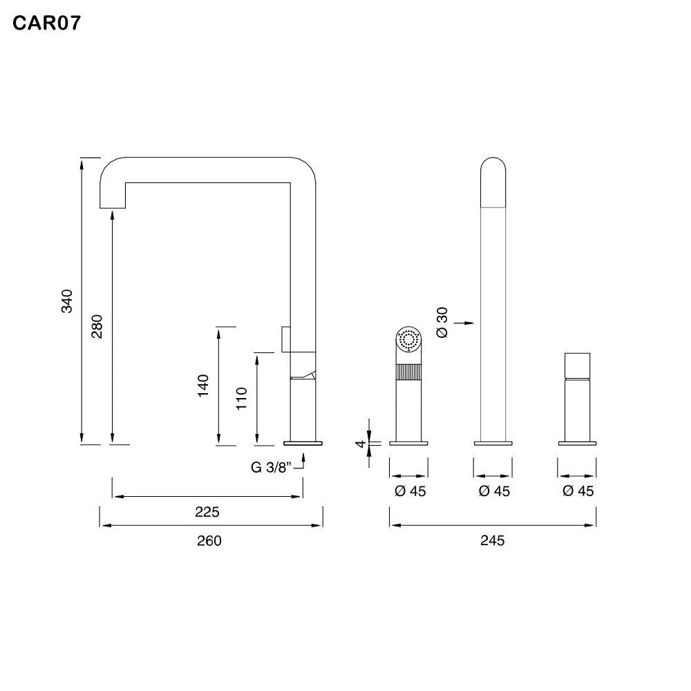 ceadesign CARTESIO Dreilocharmatur mit schwenkbarem Auslauf und herausziehbarer Handbrause, Ausladung: 225mm, automatischer Umsteller, edelstahl satiniert-CAR07S
