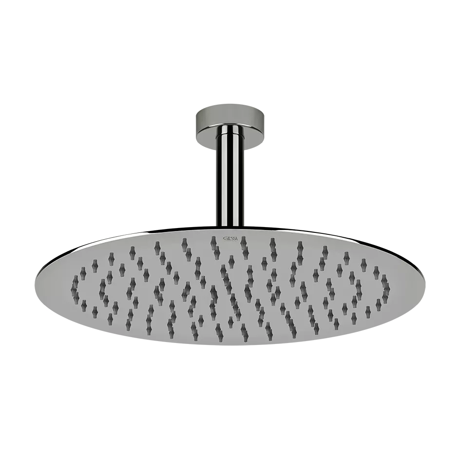 Gessi EMPORIO Antikalk-Kopfbrause zur Deckenmontage, Durchmesser: 300mm, mit Gelenk, Deckenarm 253mm und runder Rosette, Funktion: Regen, 1/2 Anschluss, bei 3 bar Druck ca. 9 l/min, edelstahl poliert - 47259238