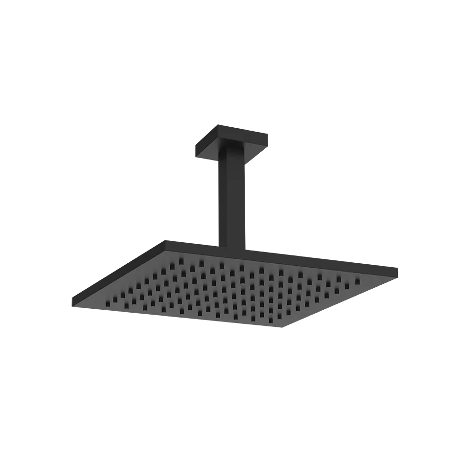 Gessi EMPORIO Antikalk-Kopfbrause zur Deckenmontage, 200x200mm, mit Gelenk, quadratischem Deckenarm 258mm und quadratischer Rosette 60mm, Funktion: Regen, 1/2 Anschluss, bei 3 bar Druck ca. 9 l/min, schwarz matt - 47374299