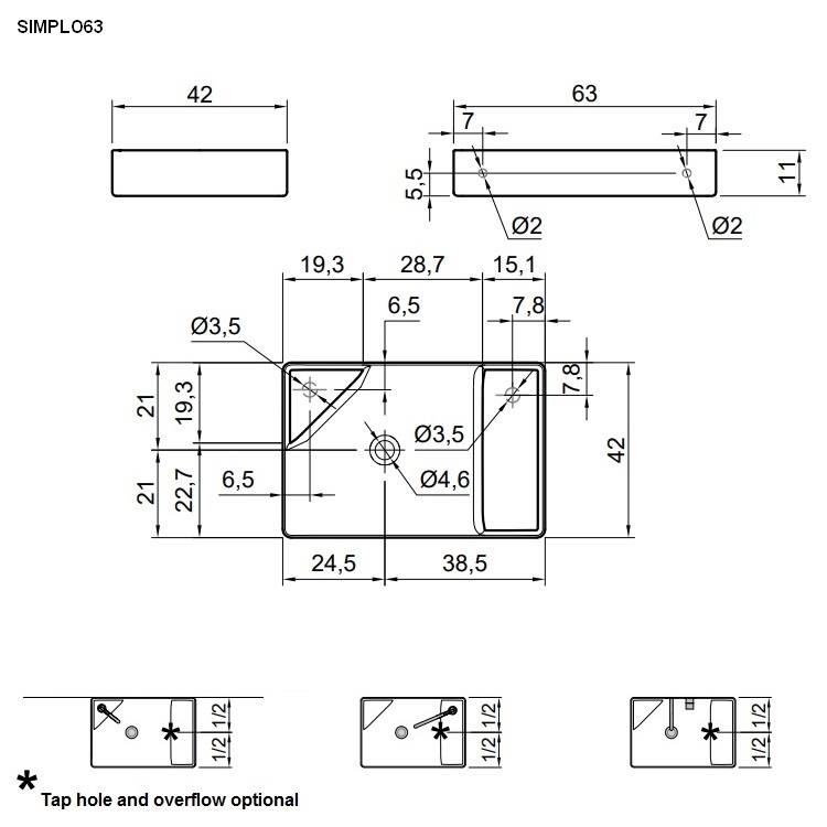 antoniolupi SIMPLO rechteckiges Aufsatzbecken, 63x42cm, ohne Hahnloch, weiß matt, Ablaufgarnitur weiß matt - SIMPLO63-2-A-0-0-AB