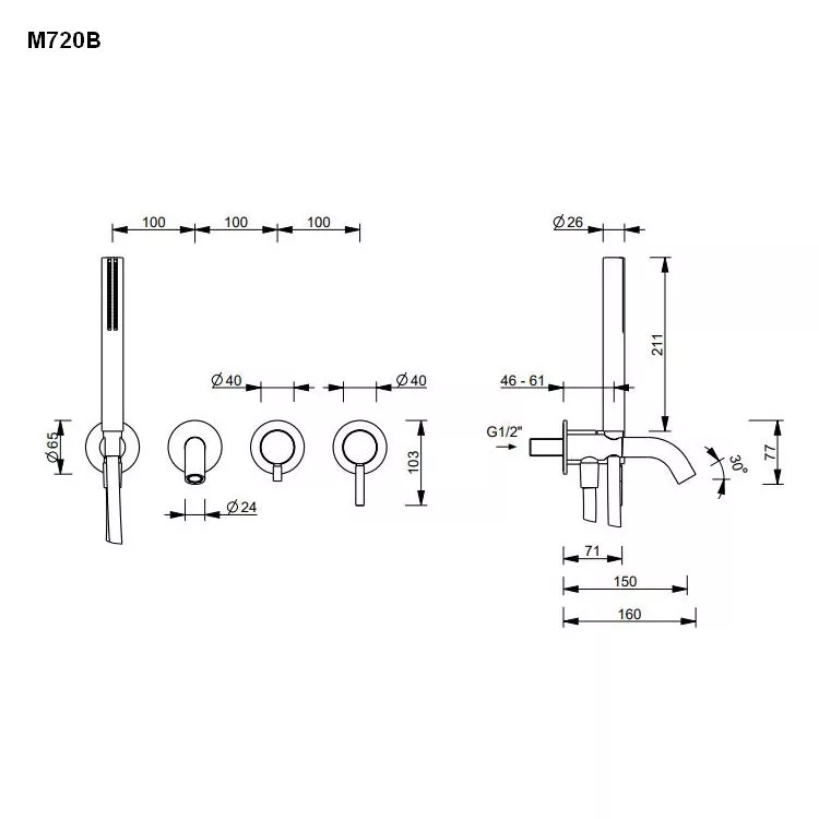 Fantini Wand-Wannen-Eingriffmischer mit 2-Wege-Umstellung mit Rosetten-50P9M720B