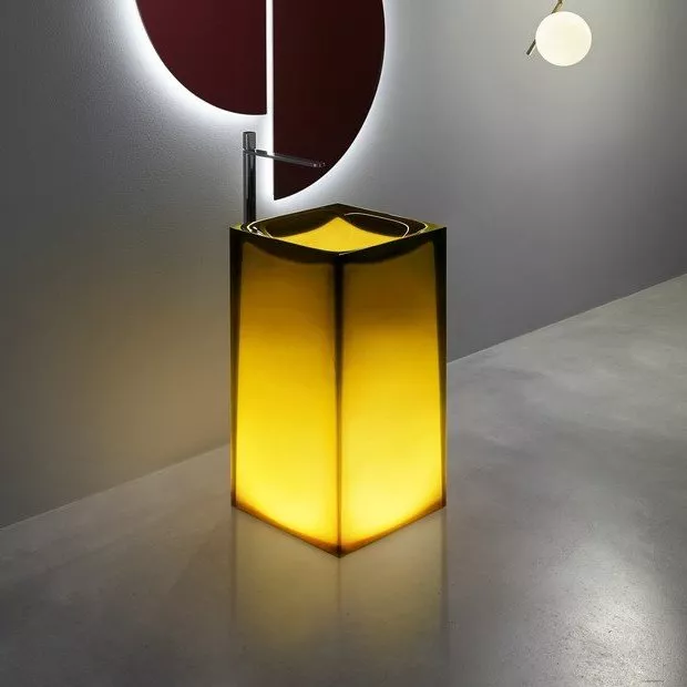 antoniolupi AURA freistehendes Waschbecken, 45x45x85cm, mit LED-Beleuchtung, gran_cru, Ablaufgarnitur chrom-AURAWLU_GRAN_CRU