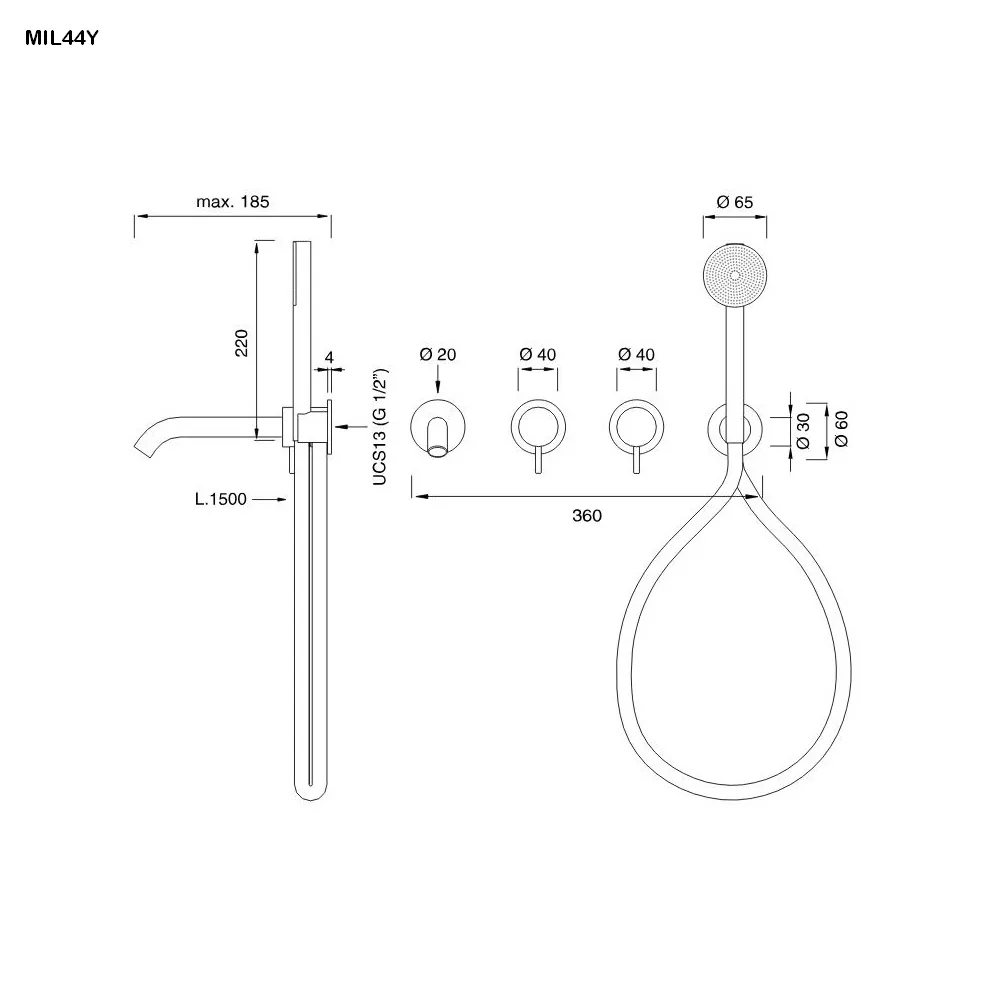 cea MIL 44Y Wand-Wannen-Doppel-Eingriffmischer, Ausladung: 185mm mit Rundkopf-Handbrause, Durchmesser: 65mm, Schlauchfarbe edelstahl, edelstahl satiniert - MIL44YIS cea MIL 44Y Wand-Wannen-Doppel-Eingriffmischer, Ausladung: 185mm mit Rundkopf-Handbrause, Durchmesser: 65mm, Schlauchfarbe edelstahl, edelstahl satiniert - MIL44YIS