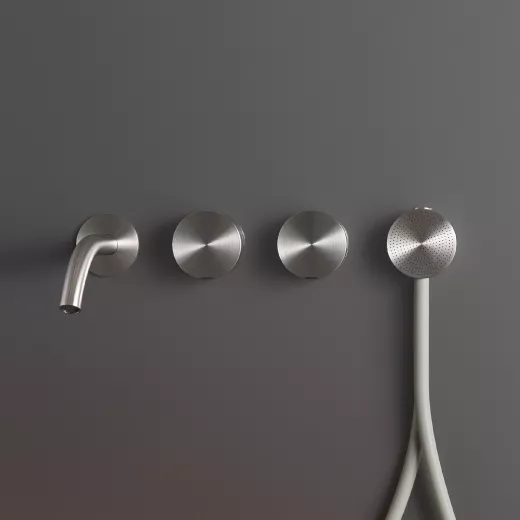 cea GIOTTO PLUS Wand-Wannen-Doppel-Eingriffmischer, Ausladung:170mm mit Rundkopf-Handbrause D:65mm, edelstahl satiniert, Schlauchfarbe weiß-GIO84WS