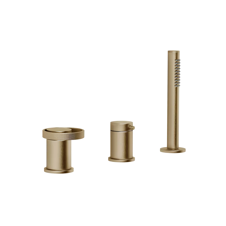 Gessi ANELLO 3-Loch-Wannenarmatur zur Wannenrandmontage, Ausladung: 190mm, mit 2-Wege-Umlenkkartusche, Umsteller, Schlauch 1,50m und herausziehbarer Antikalk-Handbrause, warmes bronze gebürstet PVD - 63347726