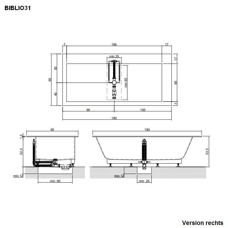 antoniolupi BIBLIO Einbauwanne mit 2 Armaturenrändern, 190x90x53,5cm, Version rechts, weiß matt, Ablaufgarnitur edelstahl satiniert-BIBLIO31SA_DX