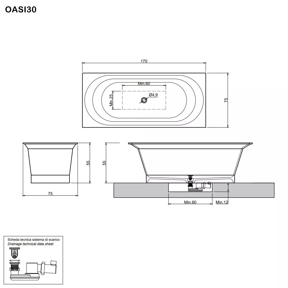 antoniolupi OASI rechteckige Einbau- oder freistehende Badewanne aus Cristalplant®, Breite: 170cm, Tiefe: 75cm, weiß matt-OASI30