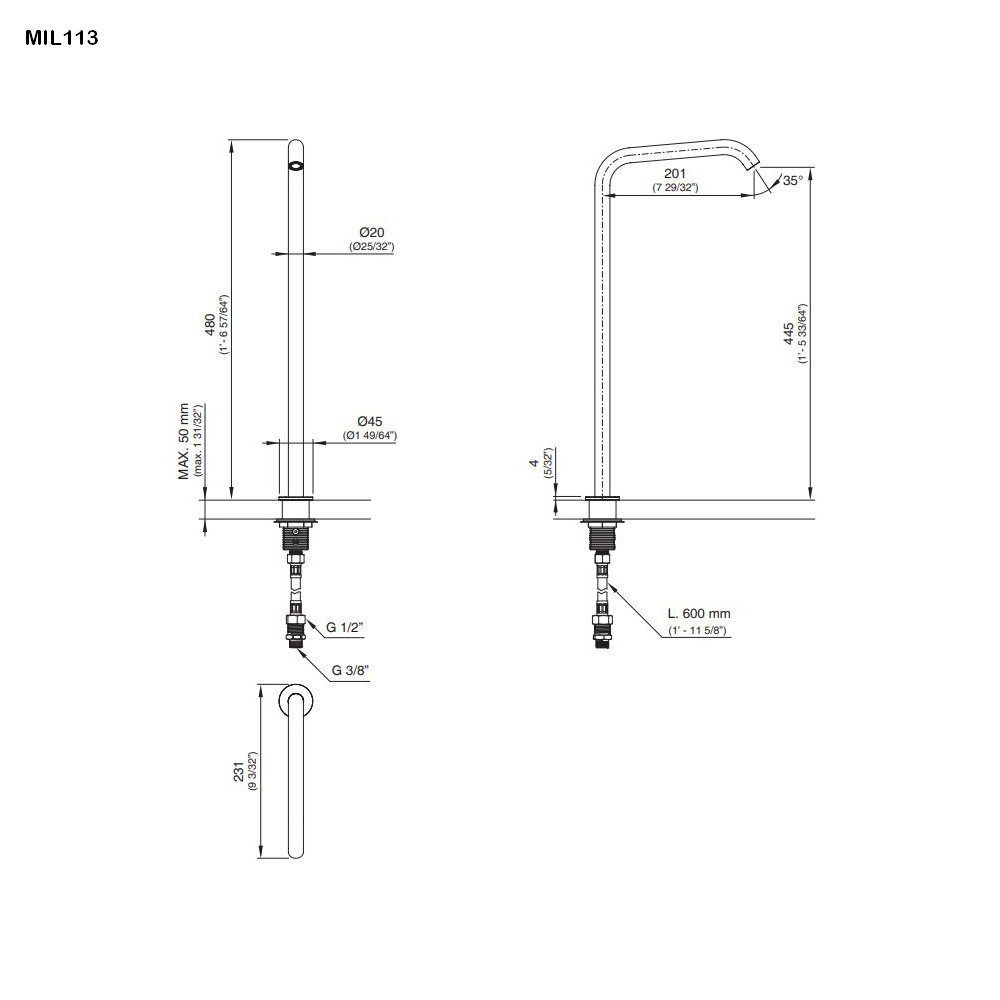 cea MIL 113 schwenkbarer Standauslauf, H:480mm, edelstahl satiniert-MIL113S