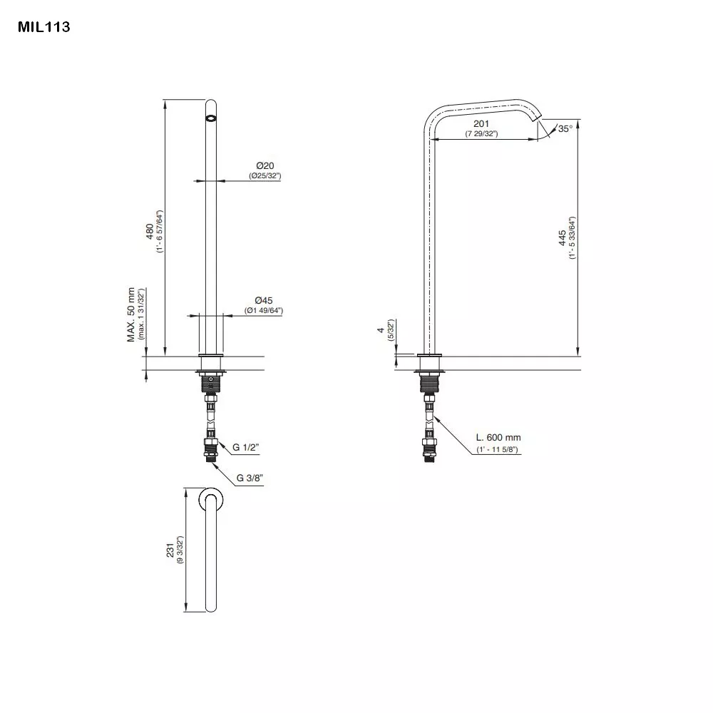 cea MIL 113 schwenkbarer Standauslauf, H:480mm, edelstahl satiniert-MIL113S