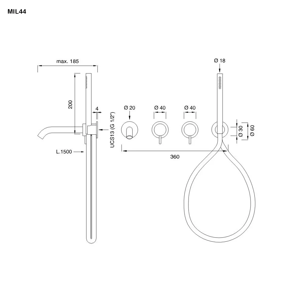 cea MIL 44H Wand-Wannen-Doppel-Eingriffmischer, Ausladung:185mm mit Rundkopf-Handbrause D:80mm, edelstahl satiniert, Schlauch weiß-MIL44HWS
