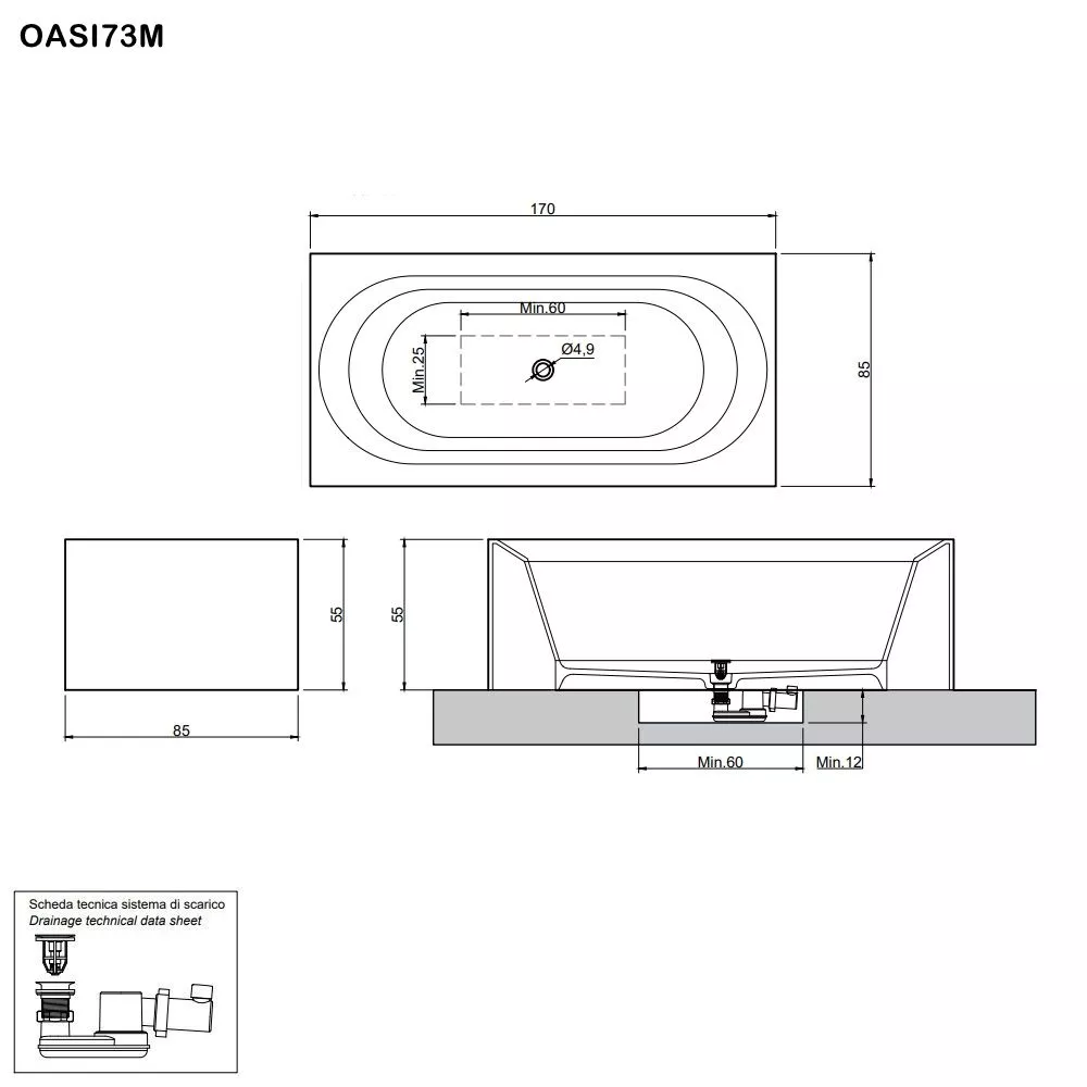 antoniolupi OASI rechteckige freistehende Badewanne aus Cristalplant®, Breite: 170cm, Tiefe: 85cm, weiß matt-OASI73M