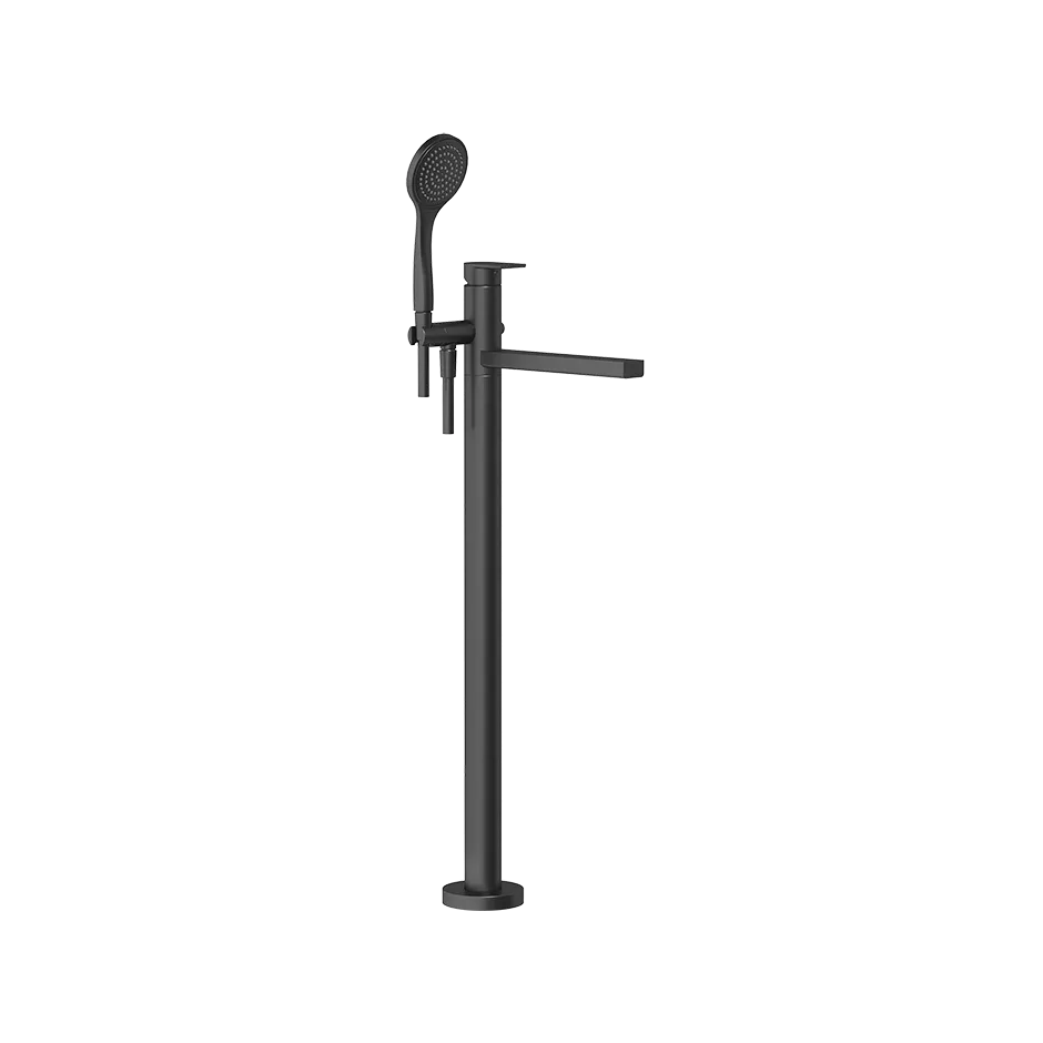 Gessi VIA MANZONI Fertigmontageset für freistehenden Wannenmischer mit Auslauf, Ausladung: 247mm, mit automatischem 2-Wege-Umsteller zum Ziehen, Schlauch 1,50m, Brausehalter und Antikalk-Handbrause, schwarz matt - 24982299