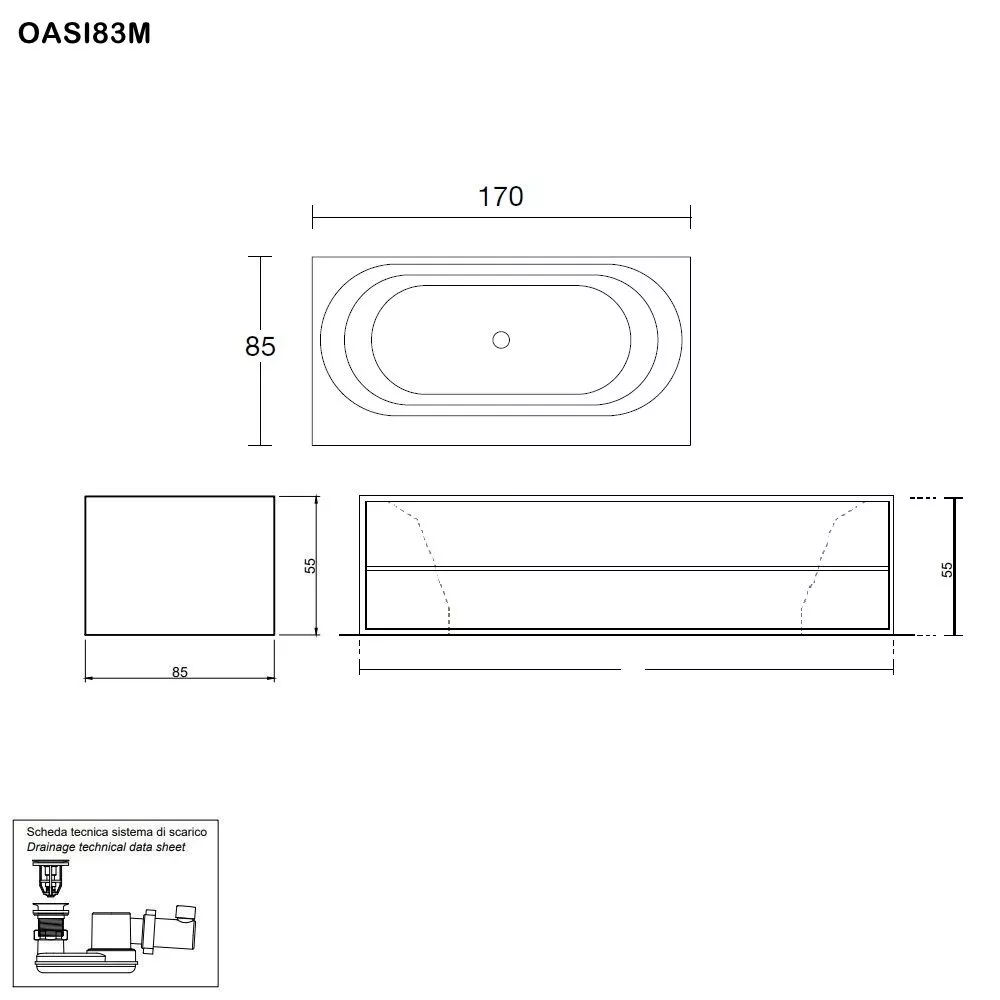 antoniolupi OASI rechteckige freistehende Badewanne aus Cristalplant® mit offenen Fächern, Breite: 170cm, Tiefe: 85cm, weiß matt-OASI83M