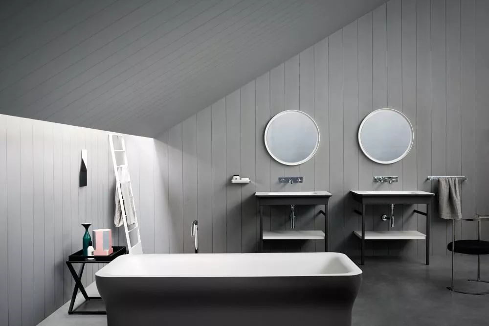 Agape NOVECENTO XL Waschtisch mit Becken aus Ceramilux®, Breite: 90cm, Tiefe: 55cm, Höhe: 85,7cm, ohne Hahnloch, Gestell aus lackiertem Edelstahl, Farbe innen weiß matt, Farbe außen dunkelgrau - ACER10700RBG+ACER1072G