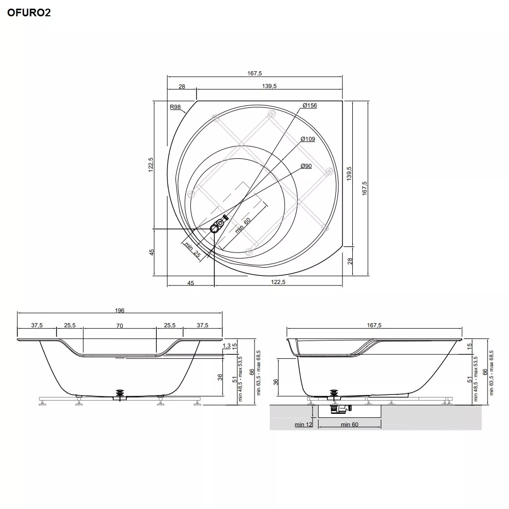 antoniolupi OFURO Einbau- oder freistehende Badewanne aus Flumood®, Breite: 167,5cm, Tiefe: 167,5cm, Höhe: 68,5cm, weiß matt-OFURO2