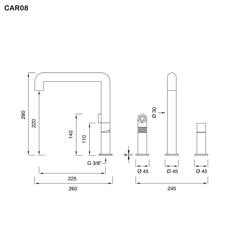 ceadesign CARTESIO Dreilocharmatur mit schwenkbarem Auslauf und herausziehbarer Handbrause, Ausladung: 225mm, automatischer Umsteller, edelstahl satiniert-CAR08S