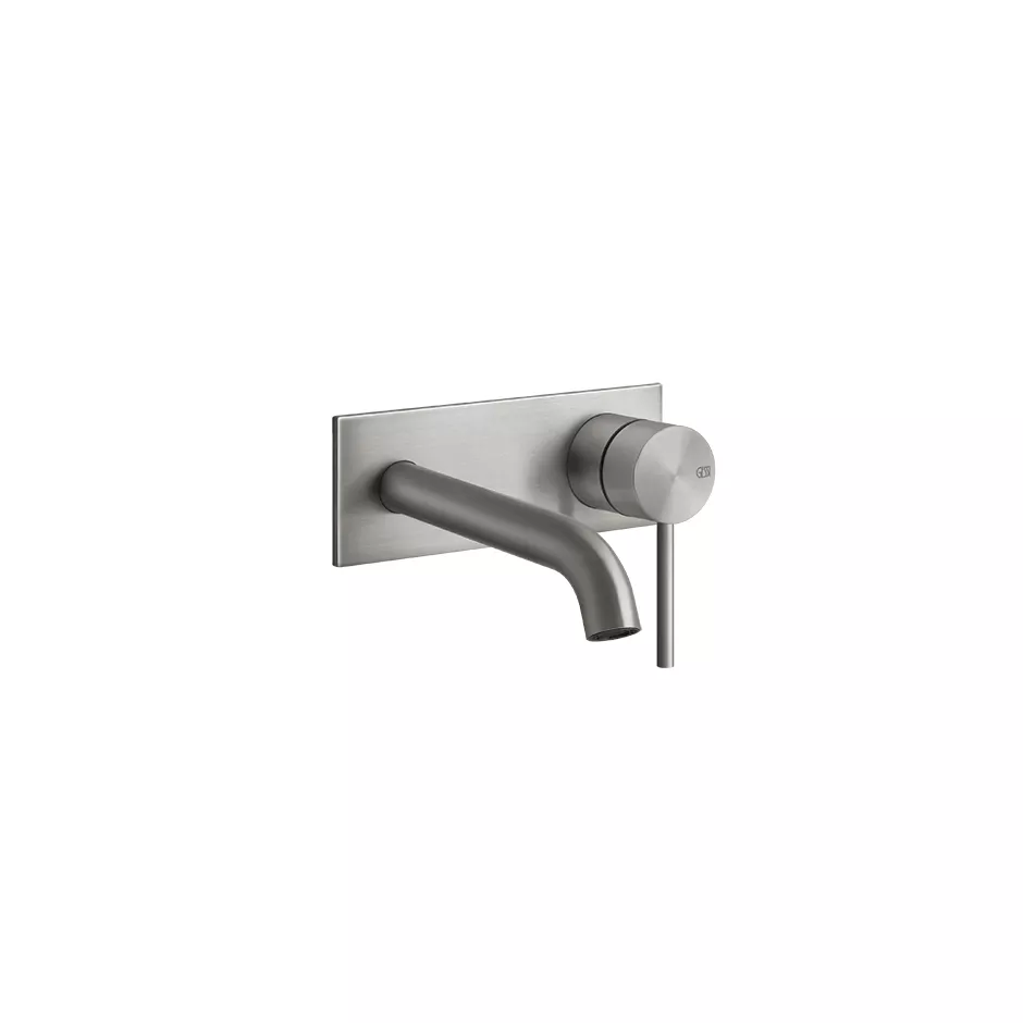 Gessi 316 FLESSA Fertigmontageset für Waschtisch-Einhebelmischer mit Auslauf zur Wandmontage, Ausladung: 117-147mm, durchgehende Platte 65x165mm, Griff-Stifte für Betätigung in 32mm und 61mm enthalten, edelstahl matt gebürstet - 54088239