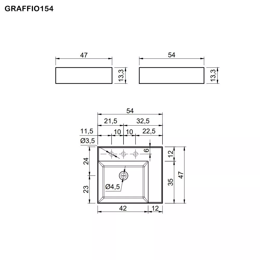 antoniolupi GRAFFIO Wandbecken aus Naturstein, Breite: 54cm, Höhe: 13,3cm, Tiefe: 47cm, mit Hahnloch, grigio lavico-GRAFFIO154-GRIGIOLAVICO-1-0
