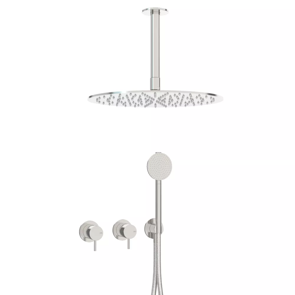 ceadesign MILO360 Wand-Brause-Doppel-Eingriffmischer mit Rundkopfhandbrause D:80mm und Deckenregenbrause FRE35, edelstahl satiniert
