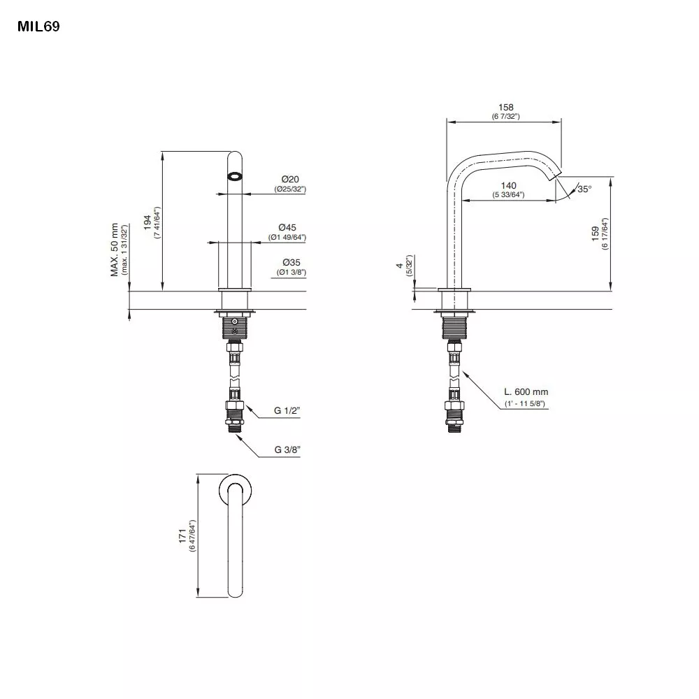 cea MIL 69 schwenkbarer Standauslauf, H:195mm, edelstahl satiniert-MIL69S