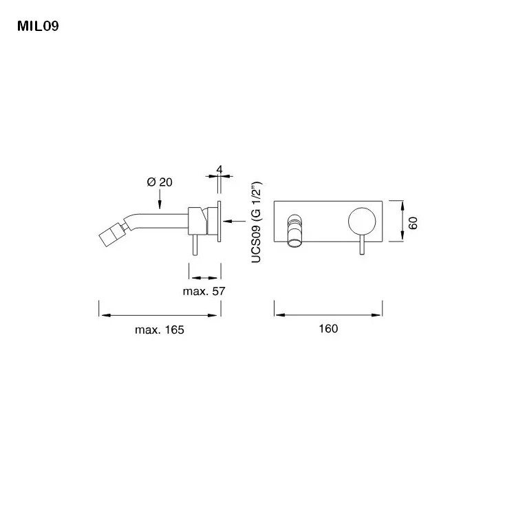 cea MIL 09 Wand-Waschtisch-Eingriffmischer mit beweglichem Perlator, Ausladung:165mm, edelstahl satiniert-MIL09S