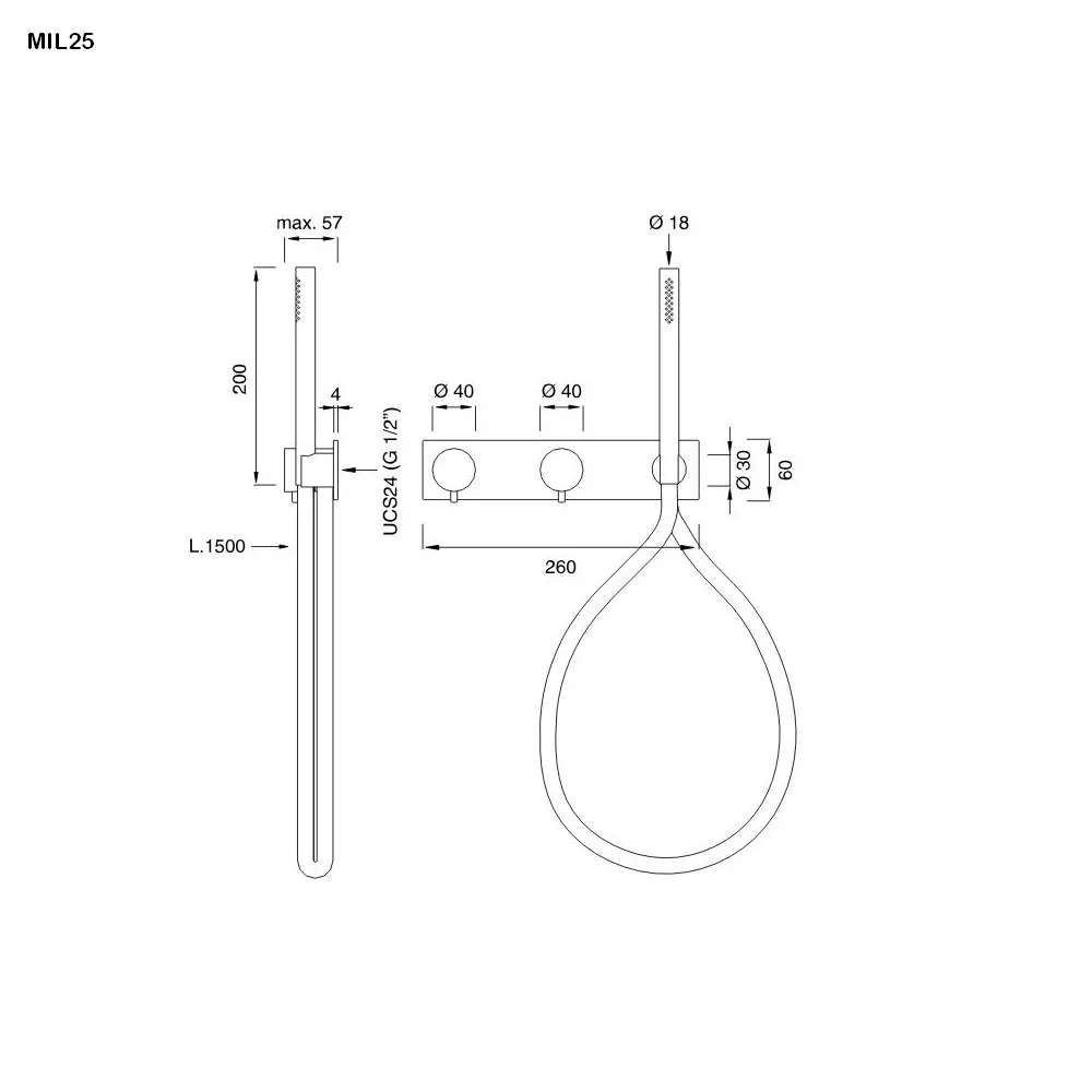 cea MIL 25 Wand-Brause-Thermostat mit 2-Wege-Umstellung und Stabhandbrause, edelstahl satiniert, Schlauch weiß-MIL25WS