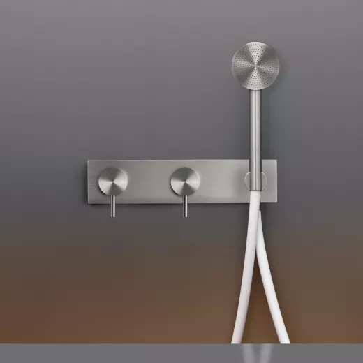 cea MIL 85Y Wand-Brause-Doppel-Eingriffmischer mit Rundkopf-Handbrause D:65mm, edelstahl satiniert, Schlauch weiß-MIL85YWS
