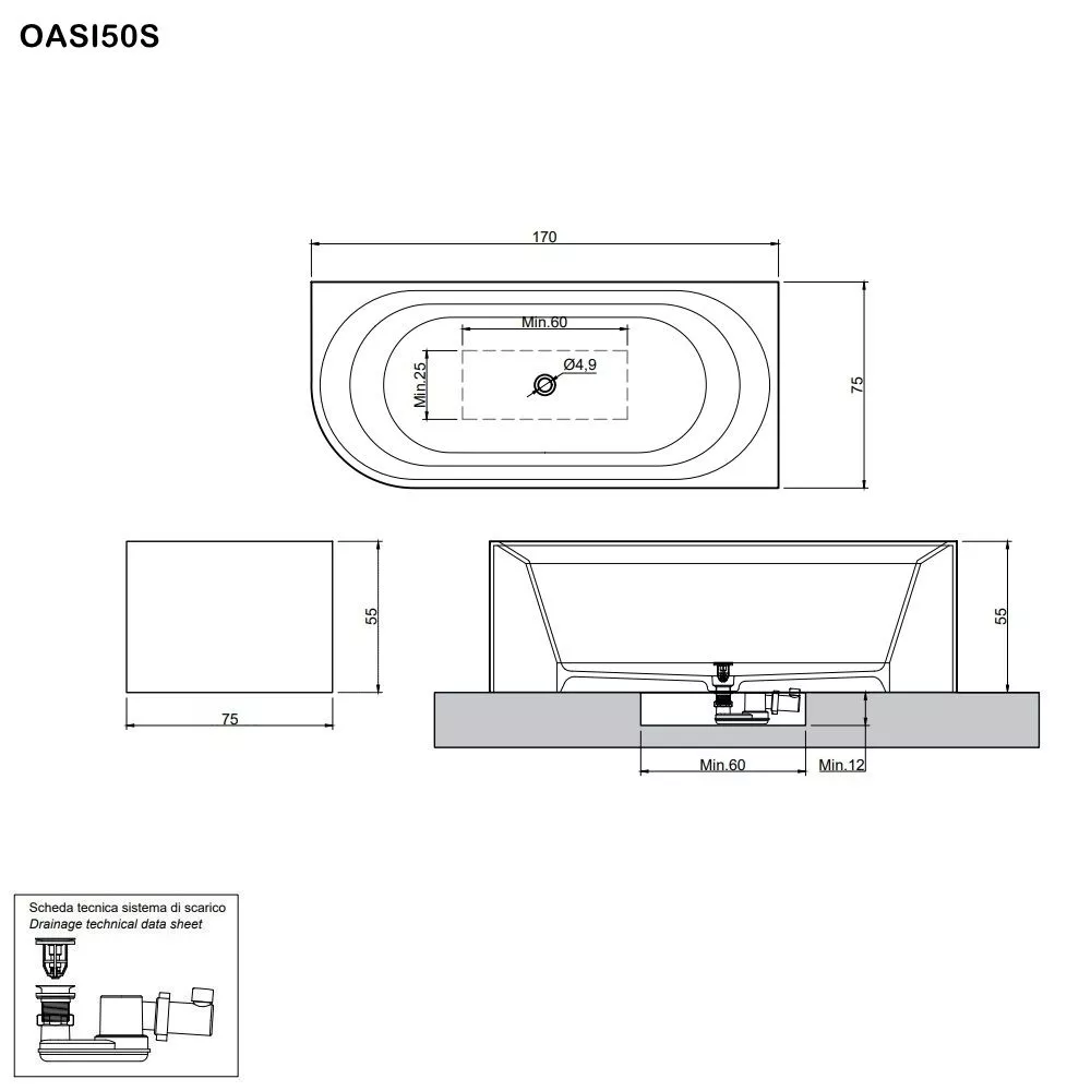 antoniolupi OASI freistehende Badewanne aus Cristalplant® mit einer abgerundeten Kante, Breite: 170cm, Tiefe: 75cm, Version links, weiß matt-OASI50S